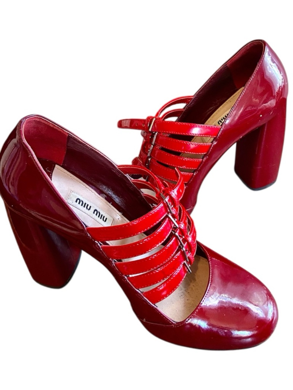 Miu Miu Red Patent Leather Strappy Mary Jane Block Heels